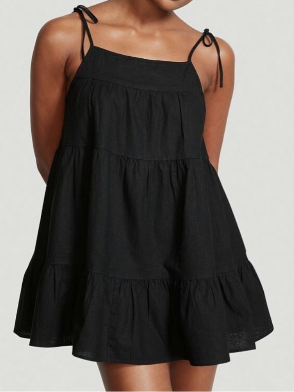 Victoria's Secret Black Linen Tiered Mini Dress Swim Cover Up M NWT Resortwear